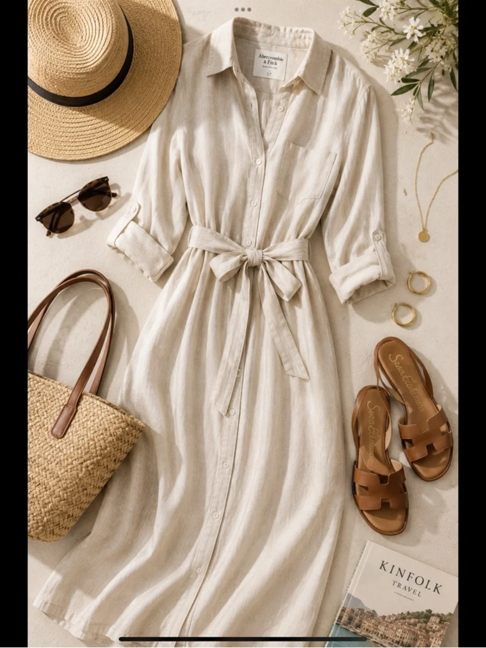 Natural Linen Coastal Maxi Shirtdress Belted Button Front Pockets S/P